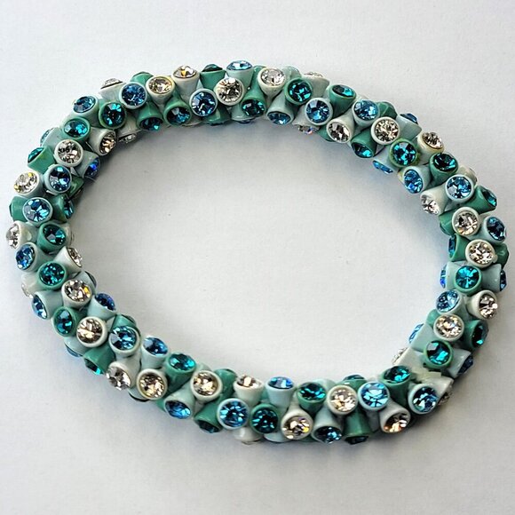Turquoise Blue and White Rhinestone Stretch Bracelet - Picture 1 of 11
